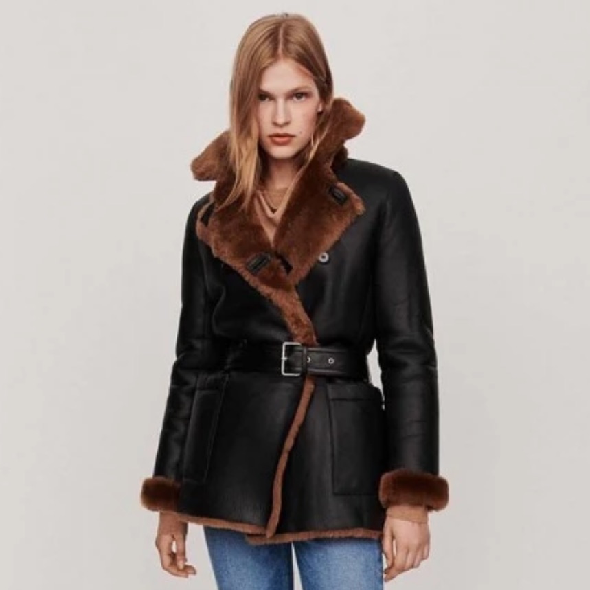 Esta Faux Shearling Belted Real Lambskin Leather Jacket
